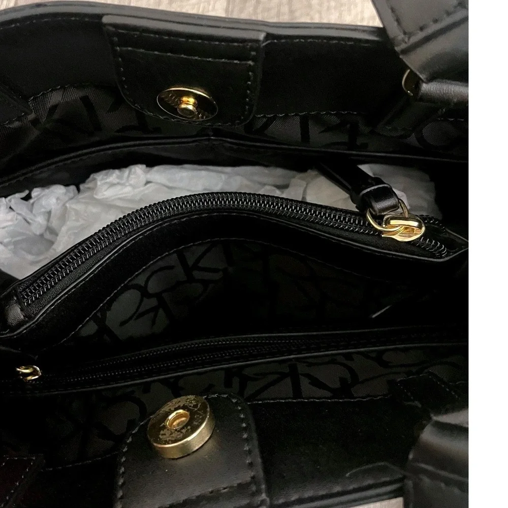 Calvin‎ Klein Monogram Logo Satchel Crossbody Bag Brown Black Gold Tone Hardware